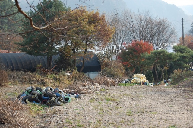 ▲ 드라마 촬영지로 유명한 포천시 영북면 산정호수 가족호텔 입구에 폐타이어들이 버려진 채 방치되고 있이 눈살을 찌푸리게 하고 있다. 김두현기자