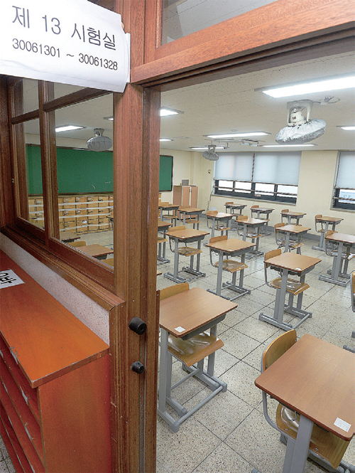 ▲ 2018학년도 대학수학능력시험이 일주일 연기된 16일 수원 수성고등학교에 마련된 시험실이 비어있다. 조태형기자