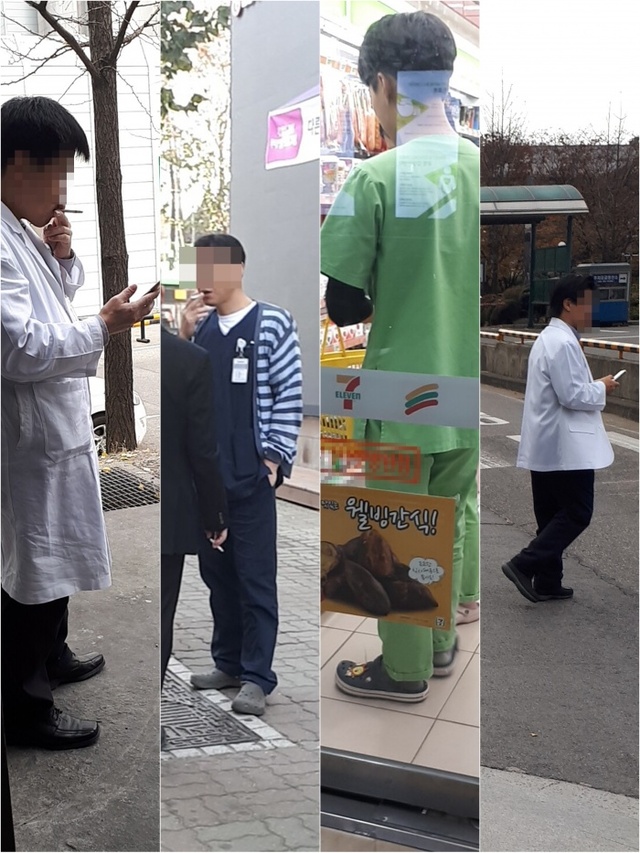 ▲ 인천지역 대형 종합병원 의료진들이 진료복을 입고 도로를 활보하거나 흡연을 하는 등 기본적인 감염 방지 대책마저 준수하지 않고 있는 것으로 확인됐다. 김경희기자