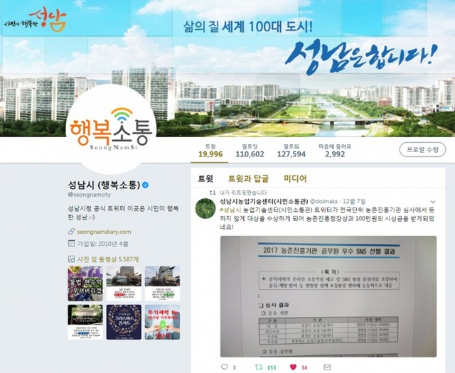 ▲ 성남시 농업기술센터 트위터 계정 대상(大賞) 수상 소식 띄운 성남시 SNS 공식 계정(행복소통)_
