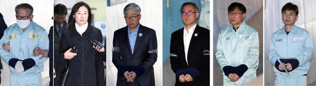▲ 문화·예술계 지원배제 명단인 ''블랙리스트'' 사건으로 구속기소된 김기춘 전 대통령 비서실장과 조윤선 전 문화체육관광부 장관 등이 19일 오전 서초구 서울고등법원에서 열린 항소심 속행공판에 출석하고 있다. 왼쪽부터 김 전 비서실장, 조 전 장관, 김종덕 전 문화체육관광부 장관, 김상률 전 청와대 교육문화수석, 정관주 전 문화체육관광부 차관, 신동철 전 정무비서관.  /연합