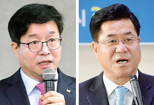 ▲ 염태영 수원시장이 9일 시청 중회의실에서 신년브리핑을 통해  613 지방선거 수원시장 3선에 도전할 것을 선언하고 있다(사진왼쪽). 같은 날 이기우 전 경기도 연정부지사가 수원시의회 세미나실에서 더불어민주당 수원시장 경선 출마 기자회견을 하고 있다.   김시범기자