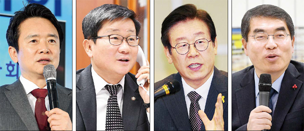 ▲ 제7회 전국동시지방선거 경기지사 출마를 공식화 한 각 당 후보들의 행보가 분주해지고 있다. 15일 (왼쪽부터) 자유한국당으로 복당한 남경필 경기지사가 시장•군수 신년인사회에서, 더불어민주당 전해철 의원이 방송과의 전화인터뷰에서, 이재명 성남시장이 신년기자간담회에서, 양기대 광명시장이 다자녀 부모들과의 만남에서 각각 발언하고 있다. 김시범•전형민•조태형기자