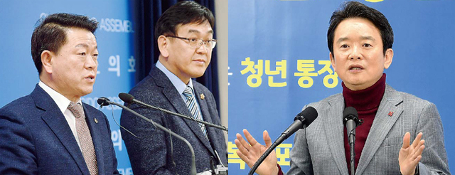 ▲ 경기도의회 더불어민주당이 남경필 경기지사에게 ‘경기도 연합정치 종료’를 공식 제안, 경기도 연정이 중단될 위기에 처해졌다. 16일 도의회 더불어민주당 박승원 대표의원과 김종석 의회운영위원장이 연정 중단 관련 기자회견을 하고 있다(왼쪽). 같은 날 경기도 미세먼지 대책 기자회견을 하고 있는 남 지사. 전형민기자