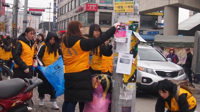 ▲ 청소년들이 불법 홍보물을 제거하고 있다