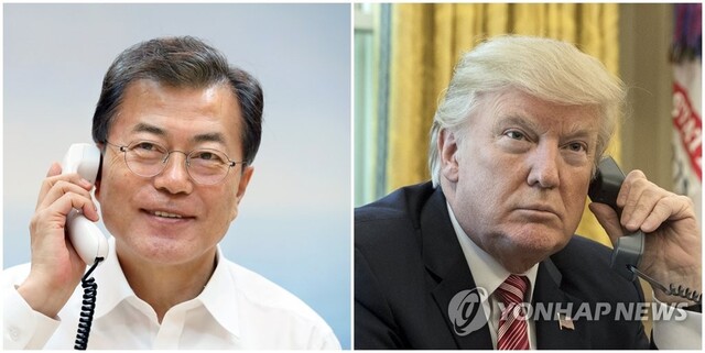 ▲ 문재인 대통령이 10일 밤 청와대 관저 집무실에서 도널드 트럼프 미국 대통령과 전화 통화를 하고 있다.  [청와대 제공·EPA 자료사진=연합뉴스]