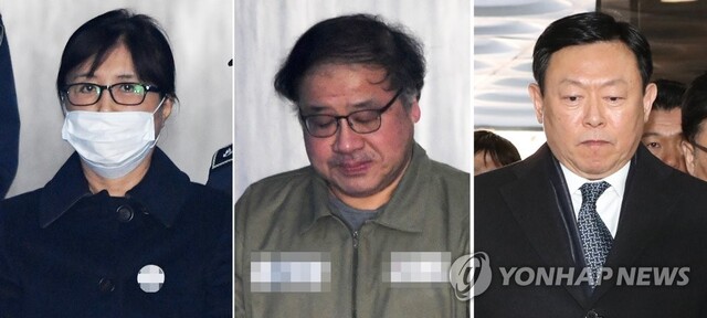 ▲ '국정농단' 사건 1심 선고가 열린 13일 서울 서초동 서울중앙지법에 박근혜 정부 '비선실세'로 알려진 최순실씨(왼쪽 부터), 안종범 전 청와대 수석, 신동빈 롯데그룹 회장이 각각 출석하고 있다.  /연합