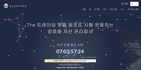 ▲ 암호화 자산관리 트레이딩 봇을 개발한 나폴레옹X가 유틸리티 토큰 ICO를 진행하며 목표 모금액 60%를 넘겼다. 사진/나폴레옹x
