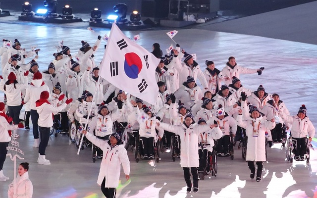 ▲ 9일 오후 강원도 평창 올림픽스타디움에서 열린 2018 평창동계패럴림픽 개회식에서 한국 선수단이 입장하고 있다.연합뉴스