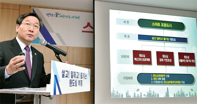 ▲ 21일 오전 유정복 인천시장이 인천시청 공감회의실에서 경인고속도로 일반도로 전환과 개항 창조도시 조성, 북부권역 체계적 개발 등 3대 사업을 포함한 원도심 부흥정책을 발표하고 있다. 장용준기자