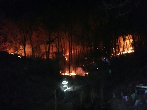 ▲ 25일 오후 7시 48분께 강원도 원주시 태장동 한 야산에서 불이 나 소방대원들이 진화작업을 벌이고 있다. 원주소방서 제공=연합뉴스