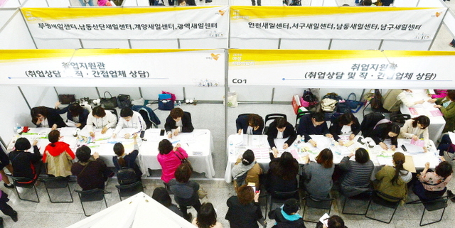 29일 오후 '2018 인천여성채용박람회’행사가 열린 인천시청 중앙홀에서 참가자들이 구인 상담을 벌이고 있다.장용준기자