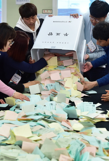 ▲ 29일 인천시 부평구 청천동 부평구선거관리위원회에서 열린 '6·13 제7회 전국동시지방선거 개표 시연회'에서 개표사무원들이 투표용지 분류작업을 시연하고 있다.장용준기자