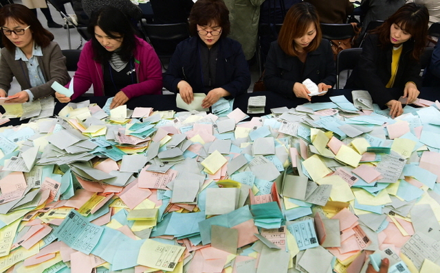 ▲ 29일 인천시 부평구 청천동 부평구선거관리위원회에서 열린 '6·13 제7회 전국동시지방선거 개표 시연회'에서 개표사무원들이 투표용지 분류작업을 시연하고 있다.장용준기자
