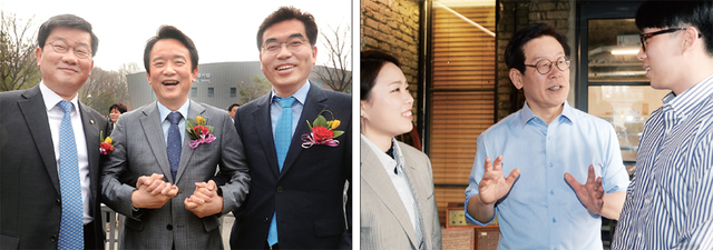 ▲ 29일 남경필 경기도지사(가운데), 전해철•양기대 더불어민주당 경기도지사 예비후보가 의정부 컬링경기장 개장식에 참석해 손을 맞잡고 있다.(왼쪽사진) 이재명 더불어민주당 경기도지사 예비후보가 수원화성 화서문 인근 카페에서 시민들과 이야기를 나누고 있다. 조태형기자