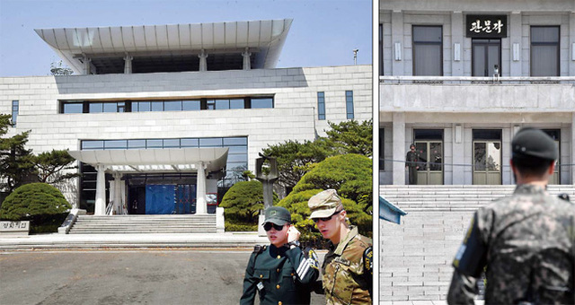 ▲ 오는 27일 예정된 남북정상회담에서 회담장으로 사용될 파주 공동경비구역(JSA) 내 평화의 집에 대한 리모델링 공사가 한창이다(사진 왼쪽). JSA 관계자는 “남북정상회담을 앞두고 자칫 우발상황이 발생할까 우려돼 남북 경비병 모두 극도의 긴장 속에 경비를 서고 있다”고 말했다. 사진 오른쪽은 지난 18일 판문점 군사분계선을 사이에 두고 경비를 서고 있는 남북 경비병들. 김시범기자