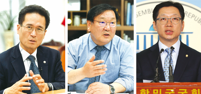 자유한국당 함진규 정책위의장, 더불어민주당 김태년 정책위의장, 지역특구법 개정안을 대표발의한 더불어민주당 김경수 국회의원.