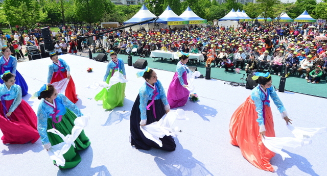 ▲ 제46회 어버이날인 8일 오후 제9회 아이러브카네이션 어버이축제 행사가 열린 인천시 부평구 부평공원에서 일만여명의 어르신들이 예술과 효사랑 축제 참가팀의 화려한 춤사위를 관람하고 있다.장용준기자