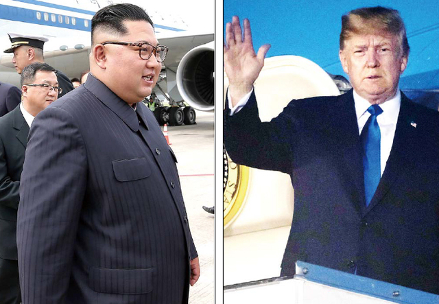 ▲ 6·12 북미정상회담을 이틀 앞둔 10일 오후 싱가포르 창이공항에 도착한 북한 김정은 국무위원장이 에어차이나 항공기에서 내리고 있다(왼쪽). 같은 날 미국 도널드 트럼프 대통령이 파야 레바르 공군기지에 도착, 전용기에서 내리고 있다.  연합뉴스