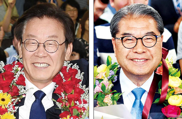 ▲ 제7회 전국동시지방선거일인 13일 오후 더불어민주당 이재명 경기도지사 당선자와(왼쪽) 이재정 경기도교육감 당선자가 각 선거 캠프에서 당선이 확정되는 순간 지지자들과 함께 기뻐하고 있다.  전형민조태형기자