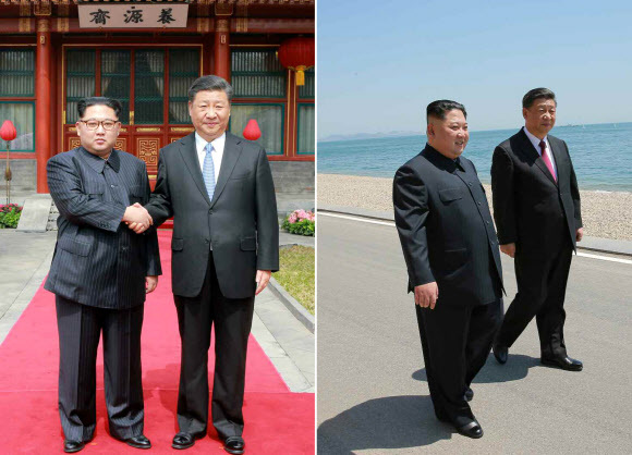 ▲ 19일 관영 중국중앙(CC)TV는 김정은 북한 국무위원장이 1박2일 일정으로 중국을 방문한 사실을 확인했다. 이날 김정은 북한 국무위원장의 전용차량이 베이징 서우두(首都) 공항에 내린 뒤 삼엄한 경비 속에 조어대(釣魚台)로 향하는 모습도 관측됐다. 사진은 왼쪽부터 지난 3월 김 북한 국무위원장과 시진핑 중국 국가주석의 베이징 조어대 오찬, 지난 5월 다롄 해변 거니는 김 위원장과 시 주석. 연합뉴스