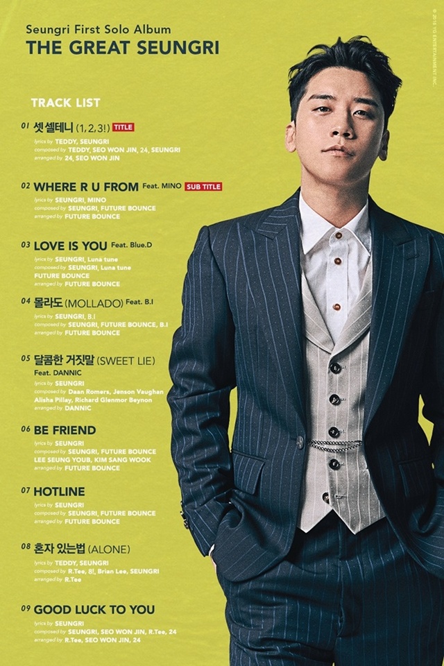 ▲ 승리 첫 번째 솔로 정규앨범 'THE GREAT SEUNGRI' 트랙리스트. YG엔터테인먼트