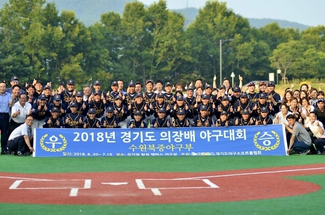 ▲ 2018 경기도의장배 중등부 야구대회 우승을 차지한 수원북중이 기념사진을 찍고 있다.수원북중 제공