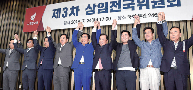 ▲ 자유한국당 김병준 혁신비대위원장이 24일 오후 국회에서 열린 상임전국위에서 비상대책위원을 발표한 뒤 위원들과 기념촬영을 하고 있다. 왼쪽부터 김종석 의원, 김대준 소상공인연합회 사무총장, 최병길 전 삼표시멘트 대표이사, 김성태 원내대표, 안상수 의원, 김병준 혁신비상대책위원장, 정현호 한국청년정책학회 이사장, 함진규 정책위의장, 박덕흠 의원. 연합뉴스
