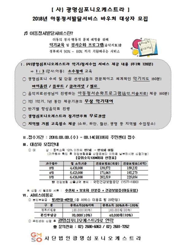 ▲ 아동정서발달서비스 바우처 대상자 모집 포스터. (사)광명심포니오케스트라 제공jpg