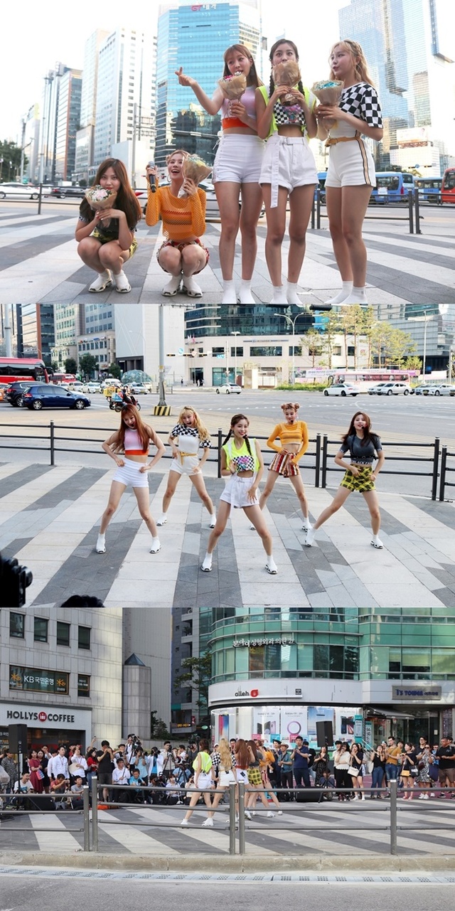 ▲ 신인 걸그룹 네온펀치가 서울 강남에서 버스킹 공연에 나섰다. A100엔터테인먼트
