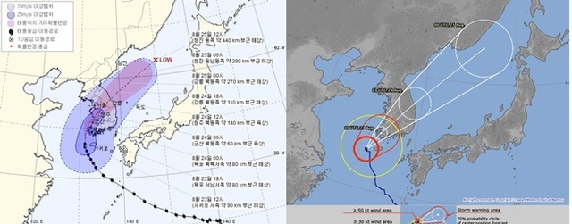 ▲ 한국 기상청(왼쪽)과 일본 기상청(오른쪽)의 제19호 태풍 '솔릭'의 예상 이동 진로.