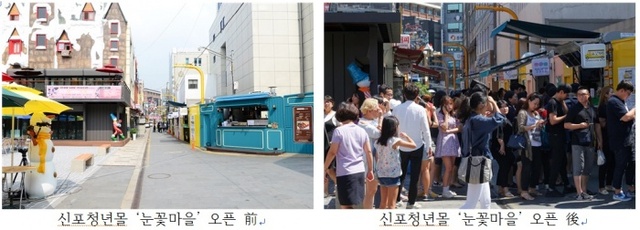 ▲ 신포청년몰 눈꽃마을 오픈 전후 비교 사진. 인천중구청 제공