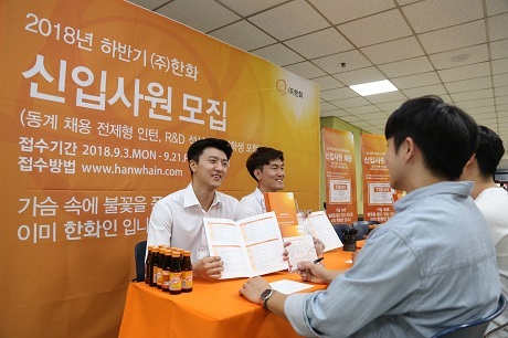 ▲ ㈜한화는 2018년 하반기 신입사원 대졸공채를 시작했다. 화약, 방산, 무역, 기계 전 부문별 채용이 진행되며 9월 서류접수 이후, 서류합격자에 한해 인적성 시험 없이 바로 채용 면접에 들어간다. ㈜한화는 끊임없이 동료들과 대화하고 협력하는 ‘소통형 인재’에게 높은 점수를 부여할 예정이다. 더불어, 전국 주요 대학 등을 직접 방문하여 지원자들에게 직무 소개 및 요구 역량,한화의 조직문화에 대해 설명하고 평소 지원자들이 궁금해 하는 사항들을 상담 부스를 운영하며 설명해 줄 예정이다. 사진/한화
