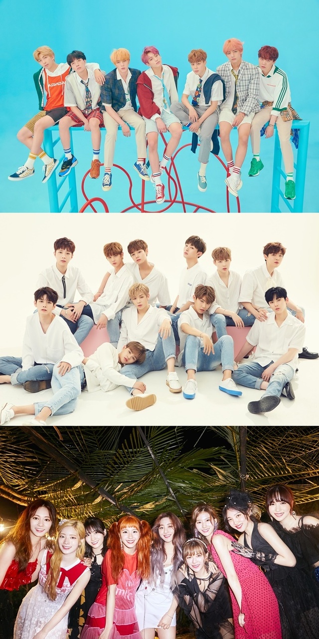 ▲ 한류를 이끌어가는 방탄소년단 트와이스 워너원 등 초특급 K-POP 아티스트들이 '2018 MGA'에 출격한다. 위에서부터 빅히트엔터테인먼트, JYP엔터테인먼트, 스윙엔터테인먼트 제공