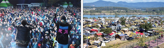 ▲ ‘경기 힐링&뮤직 페스티벌 in 여주 2018’이 열린 13일 여주 금은모래강변유원지에서 DJ DOC가 흥겨운 무대를 선보이고 있다. 4만여 명이 함께 한 이번 축제는 여주시, 경기관광공사가 주최하고 (재)여주세종문화재단, 경기일보가 주관했다. 오른쪽 사진은 남한강변에 설치된 텐트와 캠핑카 등이 장관을 이루고 있는 모습. 김시범·조태형기자
