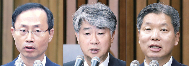 ▲ 국회가 17일 본회의를 열어 국회 몫 헌법재판관 후보자 3명의 선출안을 의결했다. 교섭단체 여야 3개 정당이 각각 추천한 김기영(더불어민주당,왼쪽부터), 이종석(자유한국당), 이영진 헌법재판관 후보자(바른미래당)의 선출안은 연기식 무기명 투표 결과 모두 가결됐다. 연합뉴스