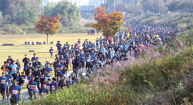‘제15회 오산독산성 전국하프마라톤대회’가 열린 21일 오산천변에서 참가자들이 시원한 가을 바람을 맞으며 달리고 있다. 김시범•조태형기자