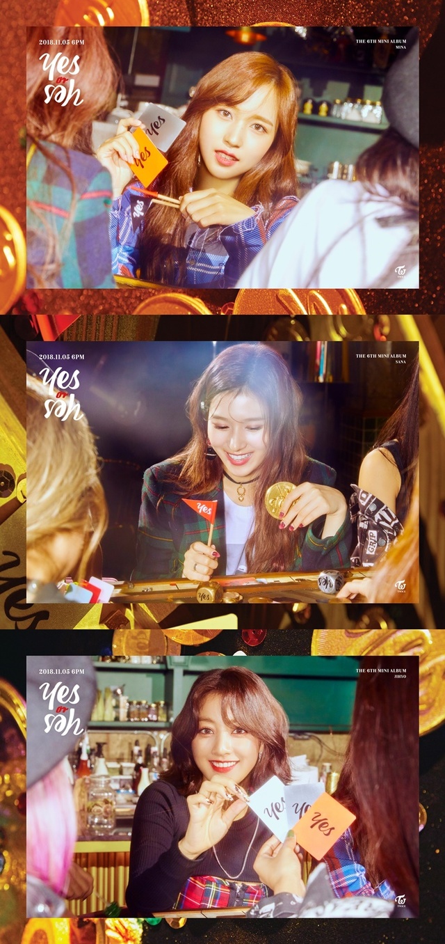 ▲ 트와이스(TWICE) 신곡 'YES or YES'의 개인 티저 두 번째 주자들인 사나, 지효, 미나의 이미지가 공개됐다. JYP엔터테인먼트