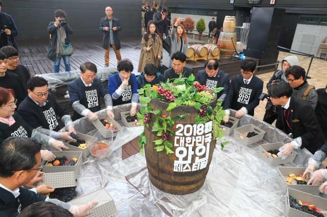 ▲ 2018 광명동굴 대한민국 와인 페스티벌에 참석한 내빈들이 포도 등 와인재료로 쓰이는 과일을 맛보고 있다. 광명시 제공