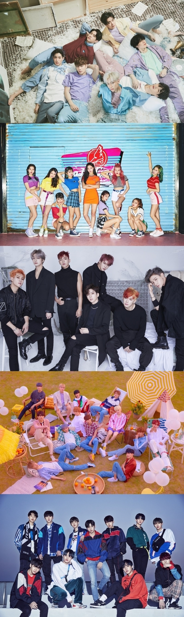 '2018 MAMA(Mnet Asian Music Awards)'에 GOT7 모모랜드 세븐틴 몬스타엑스 워너원이 참가한다. 위에서부터 JYP엔터테인먼트, MLD엔터테인먼트, 스타쉽엔터테인먼트, 플레디스, 스윙엔터테인먼트
