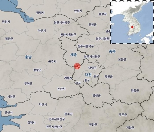 대전 유성구 북서쪽 8km 지점에서 규모 2.1의 지진이 발생했다. 기상청 홈페이지