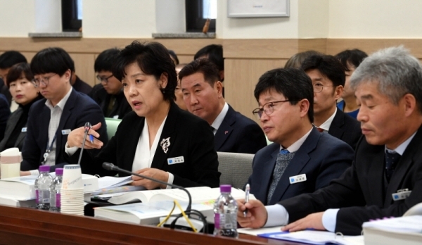 22일 경기도의회 안전행정위원회의 2018년도 자치행정국, 경기도장학관, 경기도자원봉사센터에 대한 행정사무감사에서 차정숙 경기도 자치행정국장이 의원들의 질의에 답변하고 있다.전형민기자