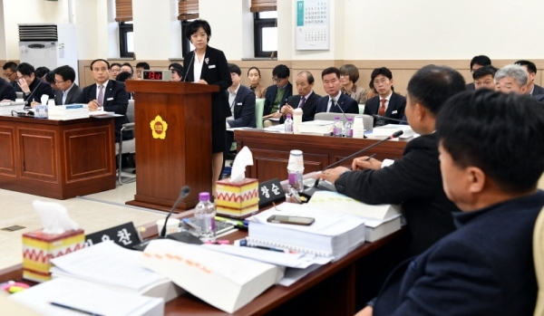 22일 경기도의회 안전행정위원회의 2018년도 자치행정국, 경기도장학관, 경기도자원봉사센터에 대한 행정사무감사에서 차정숙 경기도 자치행정국장이 의원들의 질의에 답변하고 있다.전형민기자