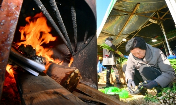 아침 최저 기온이 3~9도를 기록해 올 가을 들어 가장 추운 날씨를 보인 22일 오전 인천 남동구 구월농산물도매시장에서 한 상인이 모닥불 옆에서 추위를 녹이며 채소를 손질하고 있다. 인천 기상청대는 북서쪽으로부터 찬 공기가 남하해 31일까지 평년보다 기온이 큰 폭으로 내려가겠다고 밝혔다. 조주현기자