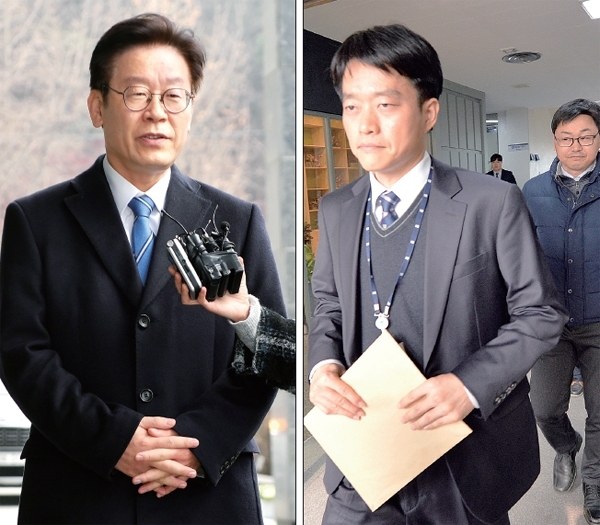 이재명 경기도지사가 27일 오전 수원 경기도청에서 검찰의 압수수색 관련 입장을 밝히고 있다.(사진 왼쪽) 이날 검찰은 이른바 ‘혜경궁 김씨’ 사건과 관련해 이 지사의 자택과 집무실을 압수수색 했으나 부인 김혜경씨 명의의 휴대전화는 확보하지 못한 채 압수수색을 종료했다. 조태형기자