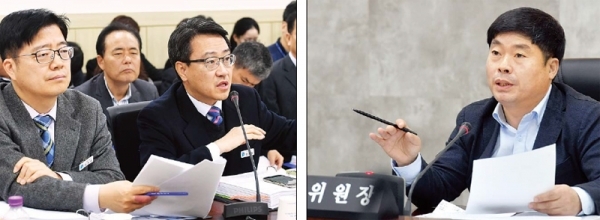 29일 경기도의회 제332회 정례회 제2차 기획재정위원회의 ‘2019년 경기도 예산안’ 등에 대한 심의에서 정대운 위원장(오른쪽)의 질의에 임종철 경기도 기획조정실장이 답변하고 있다. 전형민기자