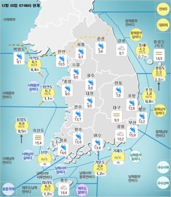 12월 3일 현재 날씨 현황. 기상청 홈페이지