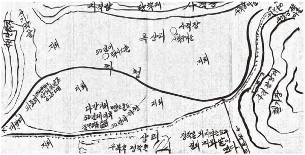 마을 삼거리에 위치한 ‘삼거리 슈퍼’ 할아버지가 옛 기억을 떠올리며 그린 신망리마을 지도.