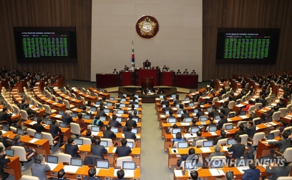 8일 새벽 국회 본회의장에서 열린 본회의에서 2019년 예산안이 통과된 후 투표결과가 상황판에 표시되고 있다.