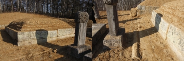 ▲ 노한 묘 뒤 바닥 난간석주, 노한묘에서 발견된 난간석주